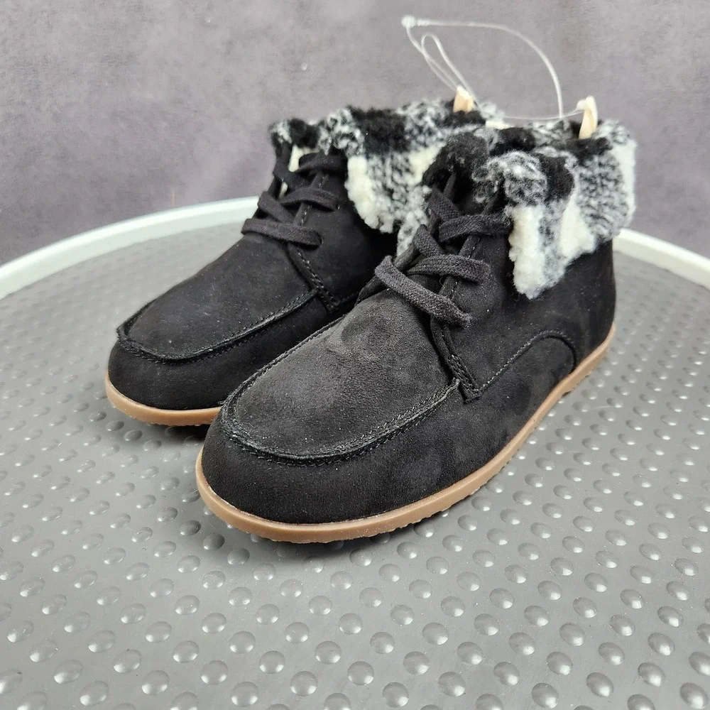 Gap Kids Moccasin Boot‎ Boys Size 1 Black Faux Suede Plaid Cuff Lined